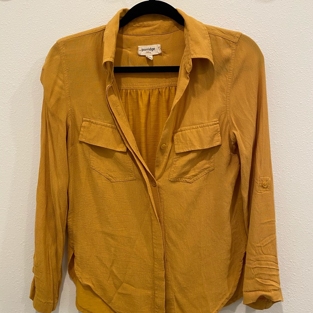 Mustard button down blouse three-quarter sleeve